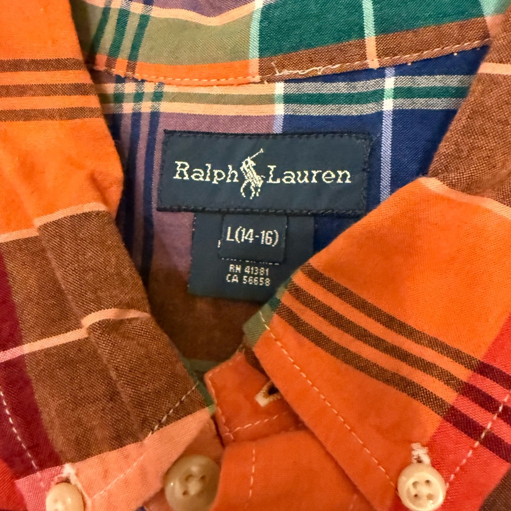 Ralph Lauren Boy’s Orange and Green Plaid Shirt large 14-16 dress